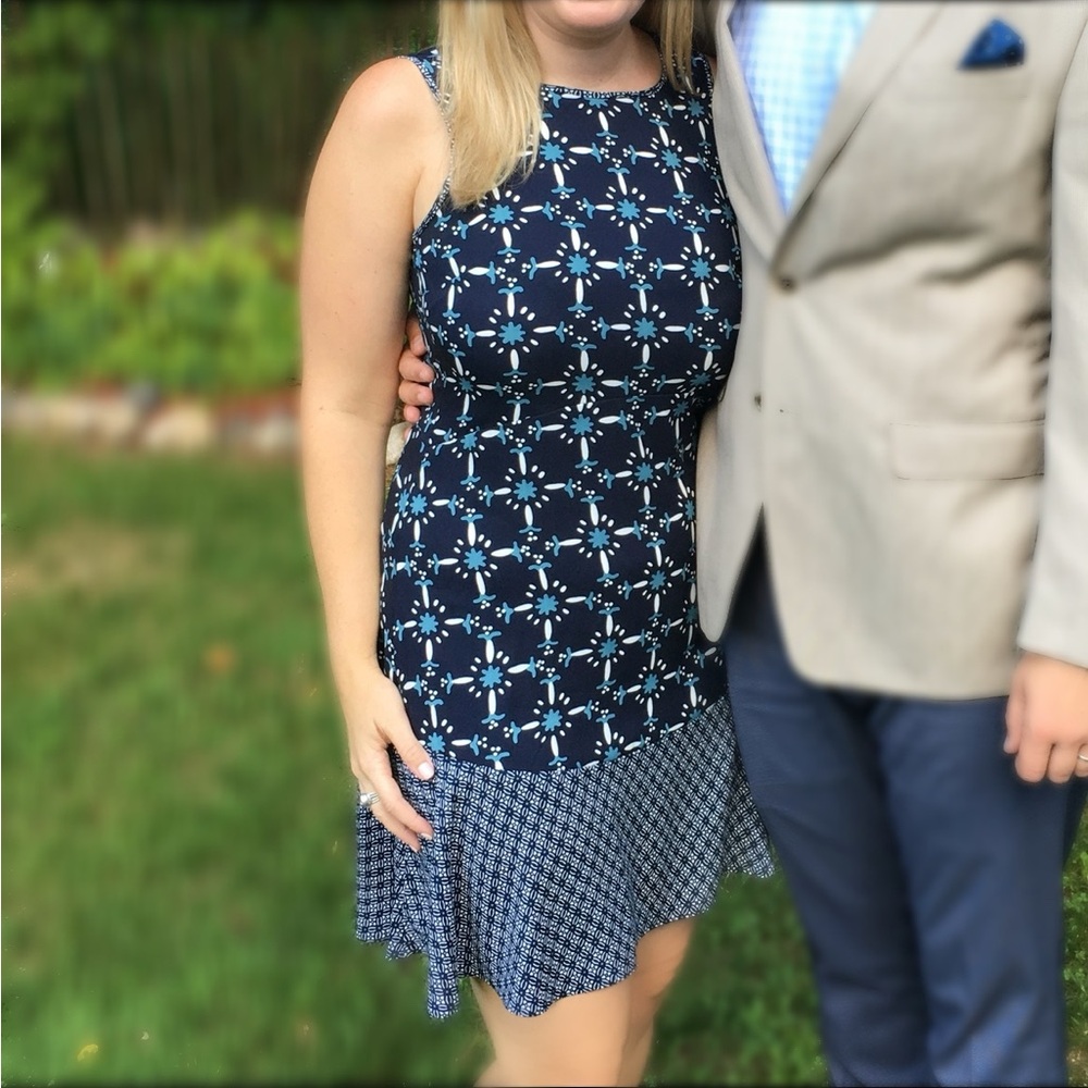 Loft Sage Green/Navy/White Floral Dress with Flounce Hem